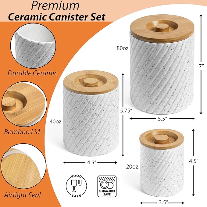 Ceramic Canister Set for Kitchen Countertop & Pantry – 3 Airtight Food Storage Containers for Flour, Sugar & More – Durable White Ceramic with Bamboo Lids-Ruum Studio Home