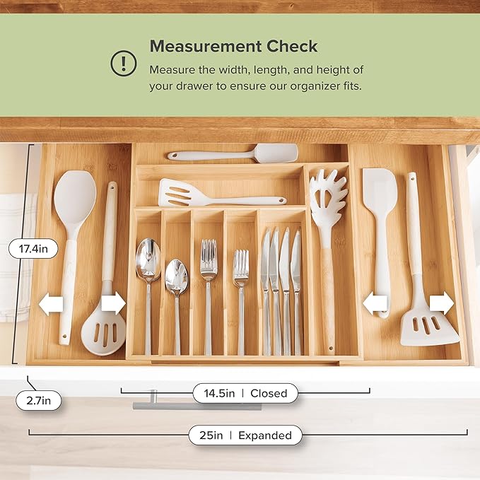 Premium Silverware, Flatware and Utensil Organizer for Kitchen Drawers, Food-Safe Contract Grade, Expandable from 14 to 25 In, Natural Bamboo-Ruum Studio Home