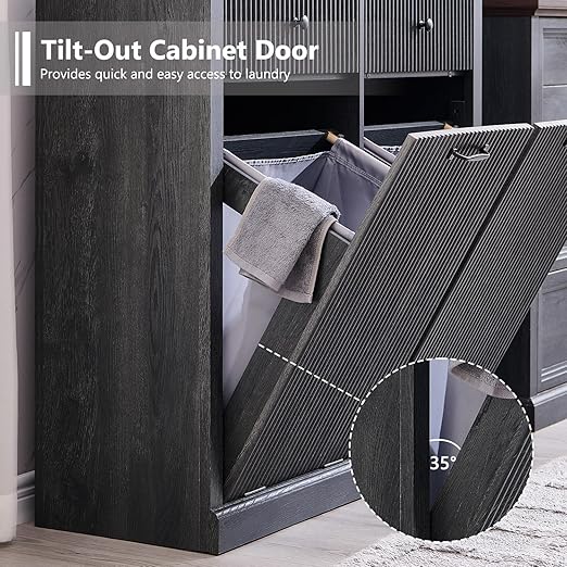 Modern Double Tilt-Out Trash Cabinet, 20 Gallon Fluted Laundry Hamper Cabinet with 2 Drawers, Wooden Hidden Garbage Can Cabinet with Storage Basket, Free Standing for Kitchen & Living Room, Grey-Ruum Studio Home