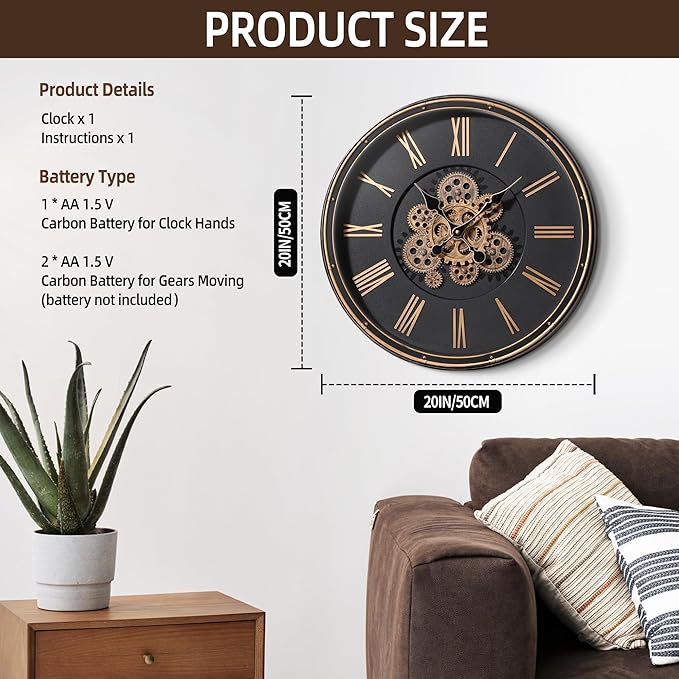 Maxstar Large Moving Gear Wall Clock,20" Vintage Mechanical Battery Operated Industrial Wall Clocks for Farmhouse Living Room,Home Office, Dinning Room, Kitchen, Steampunk Decor-Gold,Roman Numeral-Ruum Studio Home