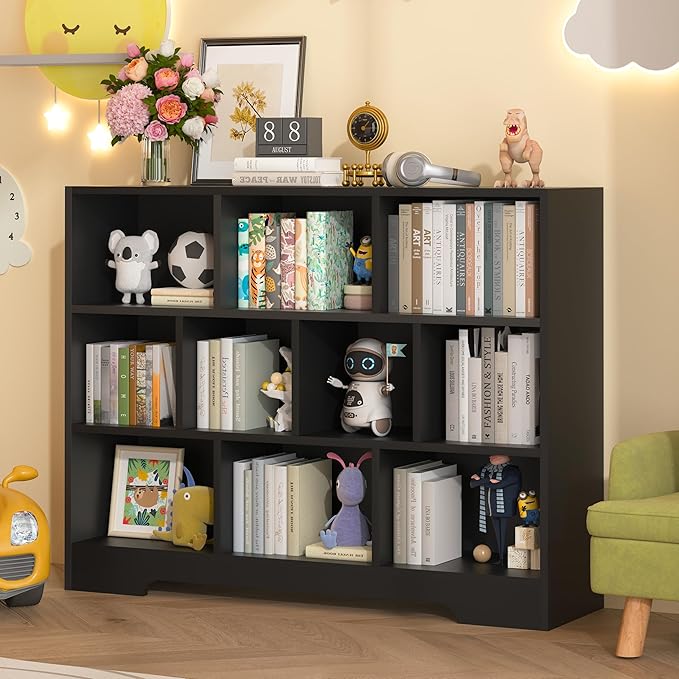 Book Shelf Set of 2, 10 Cubes Storage Organizer, 3-Tier Open Bookshelf Wooden Bookcase, Freestanding Black Bookshelf Cube Shelf for Bedroom, Living Room, Home Office-Ruum Studio Home