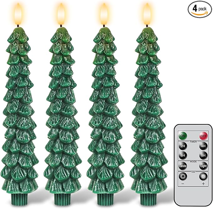 GenSwin Christmas Tree Flameless Taper Candles with Remote Timer, Christmas LED Taper Candles with 3D Flame, 4 Pcs Green LED Candlesticks for Christmas Home Decoration(0.78” x 9.8”)-Ruum Studio Home