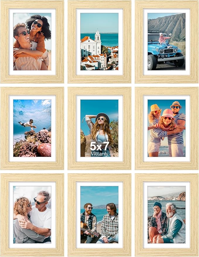 Vittanly 5x7 Picture Frames Set of 9, Shatter Resistant Plexiglass, Display 4x6 Pictures with Mat or 5x7 without Mat, Photo Frames for Wall or Tabletop, Engineered Wood, OAK-Ruum Studio Home