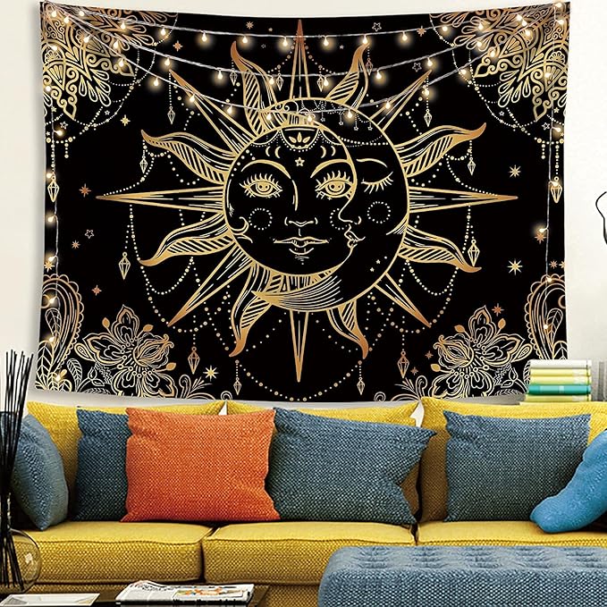 Lunerfex Hippie Sun and Moon Tapestry Bohemian Tapestry Aesthetic Cute Tapestries for Bedroom and Living Room Decor Sun 60×80 Inches-Ruum Studio Home