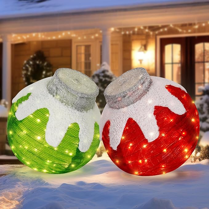 BRIGHTDECK 2 Pcs Outdoor Christmas Ornaments, Lighted Pop-Up Outdoor Holiday Ball Decoration with 80 LED Lights, 8 Light Modes, Lighted Collapsible Holiday Decorations for Yard, Home (RedGreen)-Ruum Studio Home