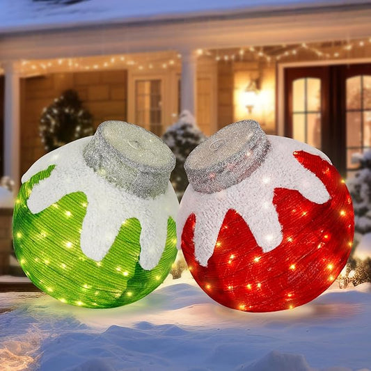 BRIGHTDECK 2 Pcs Outdoor Christmas Ornaments, Lighted Pop-Up Outdoor Holiday Ball Decoration with 80 LED Lights, 8 Light Modes, Lighted Collapsible Holiday Decorations for Yard, Home (RedGreen)-Ruum Studio Home