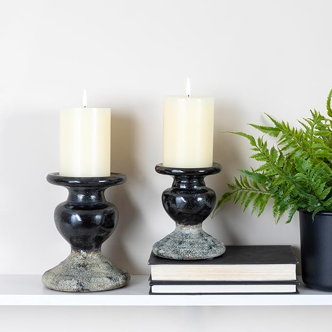 Creative Co-Op 2-Tone Sculptural Terracotta Pillar Candle Holder, Distressed Black-Ruum Studio Home