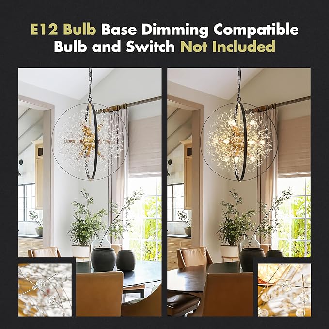 Modern Crystal Chandeliers Firework, 23.2'' Black Gold 12-Light Globe Dandelion Sputnik Chandelier, Hanging Pendant Lighting Fixture for Dining Room, Bedroom, Kitchen, Entryway, Foyer-Ruum Studio Home