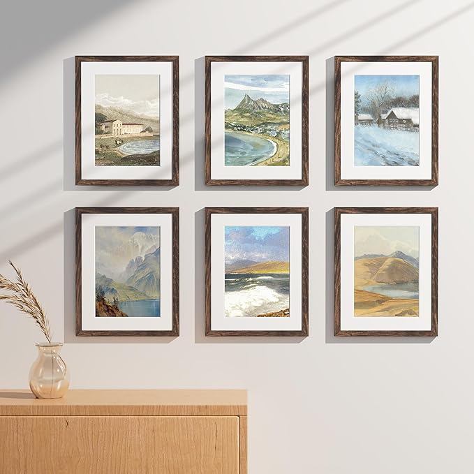 Vittanly 11x14 Picture Frames Set of 9, Shatter Resistant Plexiglass, Display 8x10 Pictures with Mat or 11x14 without Mat, Photo Frames for Wall or Tabletop, Engineered Wood, Brown-Ruum Studio Home