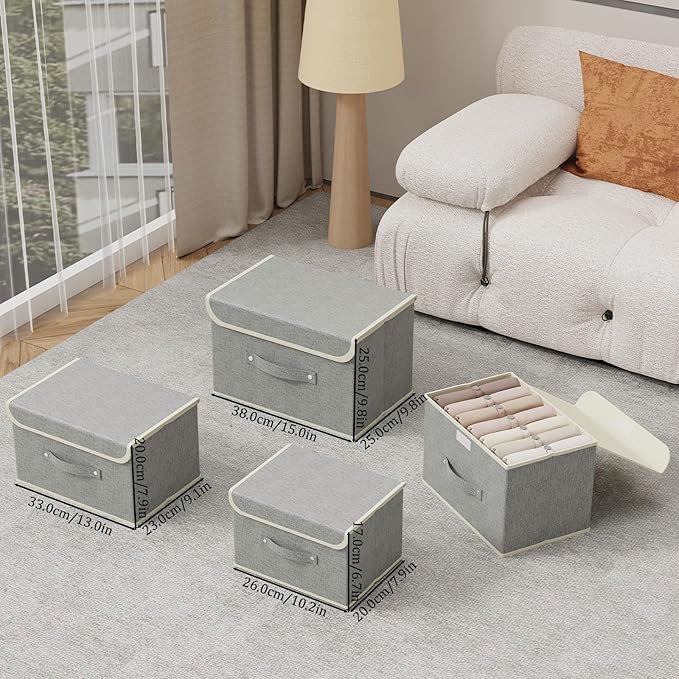 Storage Boxes, Collapsible Storage Bins with Lids, Cotton and linen cloth Storage Baskets with Handle, for Books, Closet, Bedroom, Home, 10.2x7.9x6.7 in, Grey-Ruum Studio Home