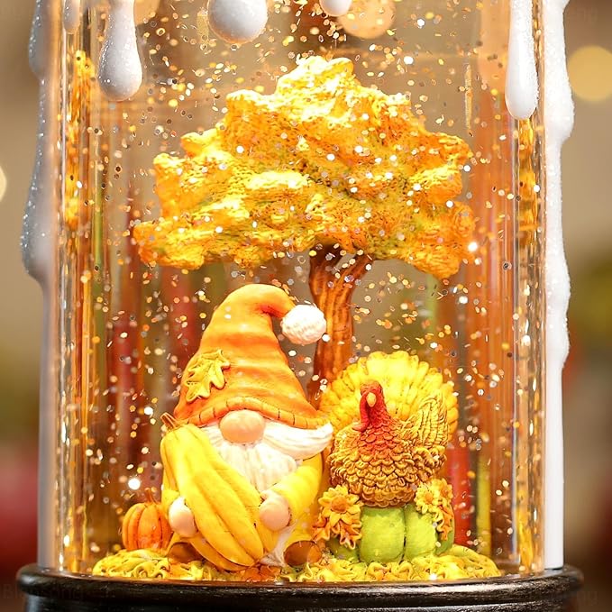 Fall Snow Globe Candle Fall Decorations for Home with Timer Gnome Turkey Pumpkin Autumn Harvest Fall Decor Indoor 9.7 inch-Ruum Studio Home