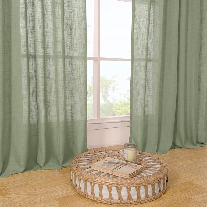 LAMIT Sage Green Linen Sheer Curtains 84 inch for Living Room, Linen Textured Light Filtering Drapes Bronze Grommet Boho Panels for Farmhouse/Living Room, 2 Panels, 52 x 84 Inch-Ruum Studio Home