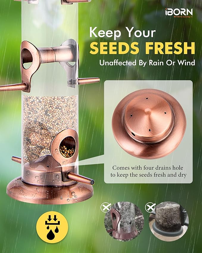 iBorn Metal Bird Feeders Brushed Copper Wild Bird Feeder for Outdoors Hanging All Metal Brushed Copper Finishing 14 Inch 6 Port(Seed is not Included)-Ruum Studio Home