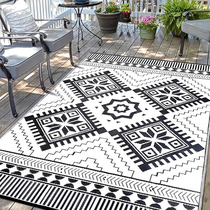 Waterproof Outdoor Rug 8x10ft, Boho Reversible Plastic Straw Mat for Patio RV Deck Porch Backyard Balcony Camping Picnic Beach Indoor Outdoor Carpet, Black&White-Ruum Studio Home