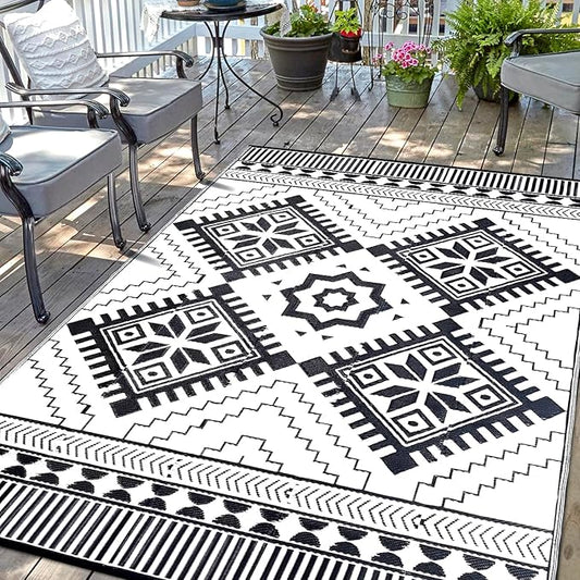Waterproof Outdoor Rug 8x10ft, Boho Reversible Plastic Straw Mat for Patio RV Deck Porch Backyard Balcony Camping Picnic Beach Indoor Outdoor Carpet, Black&White-Ruum Studio Home