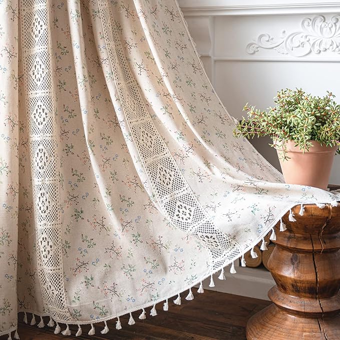 Sutuo Home Boho Curtain Semi-Blackout Crochet Hollow Lace Patchwork with Floral Print Cotton Linen Fabric, Handmade Tassels Rod Pocket Bohemian Window Drapes for Living Bedroom, 59"W x 84"L, 1 Panel-Ruum Studio Home