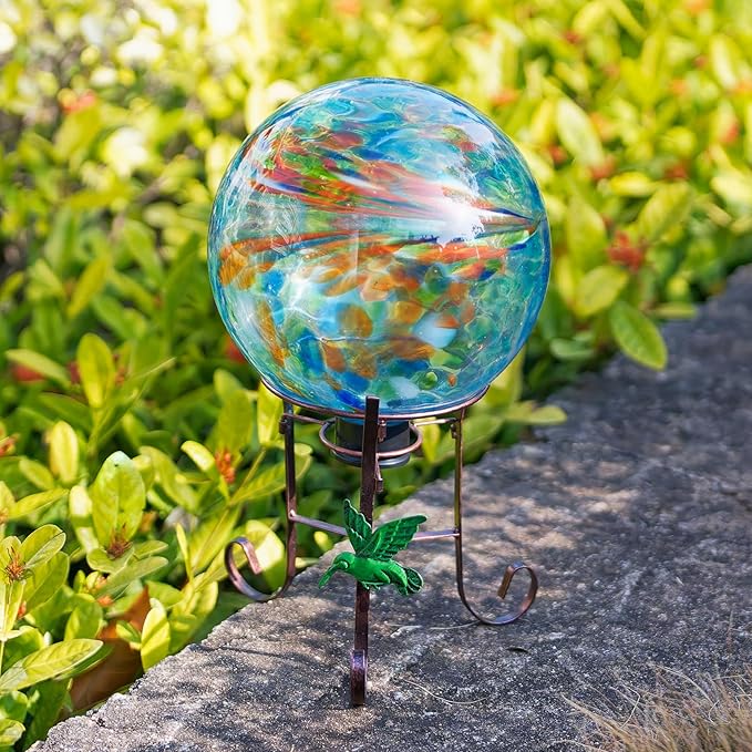 10 Inch Glass Gazing Ball, with 9.4" Tall Metal Gazing Globe Stand, Glass Balls Display Holder Set for Outdoor Garden Lawn Yard Decoration, Blue Artistic-Ruum Studio Home