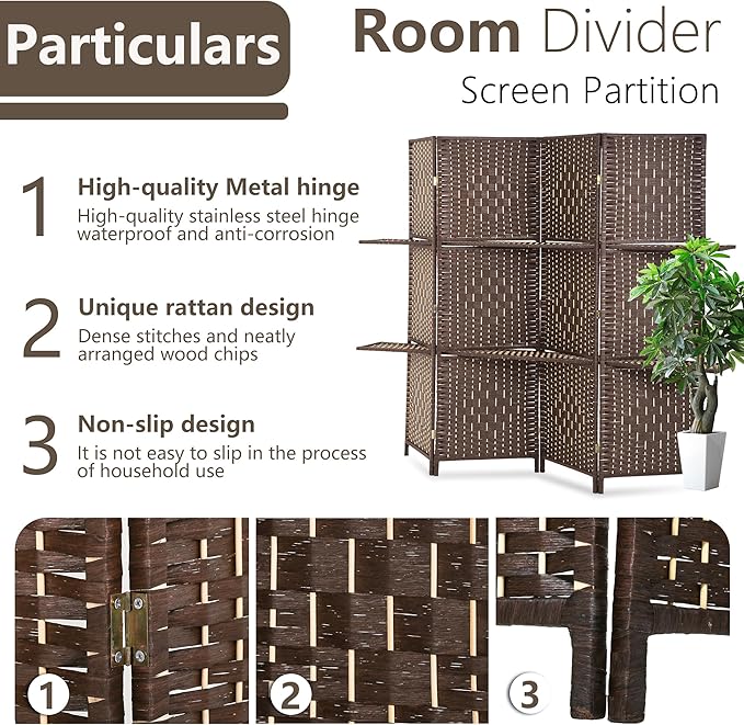 PayLessHere Room Divider 4 Panel Room Screen Divider Wooden Screen Folding Portable Partition Screen Wood with Removable Storage Shelves Color, Brown-Ruum Studio Home