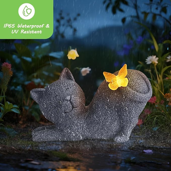 Solar Cat Garden Statue with Glowing Butterfly, Outdoor Resin Cat Figurine with Solar Light, Waterproof Yard Decor for Patio, Lawn, Porch, and Unique Garden Gifts for Cats Lovers-Ruum Studio Home