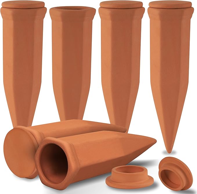 Large Terracotta Watering Spikes with Lids, Automatic Plant Waterer Outdoor | Indoor, Vacation Friendly Clay Plant Watering Devices System, Slow Release Self Watering Planter Insert, 6 Pack-Ruum Studio Home