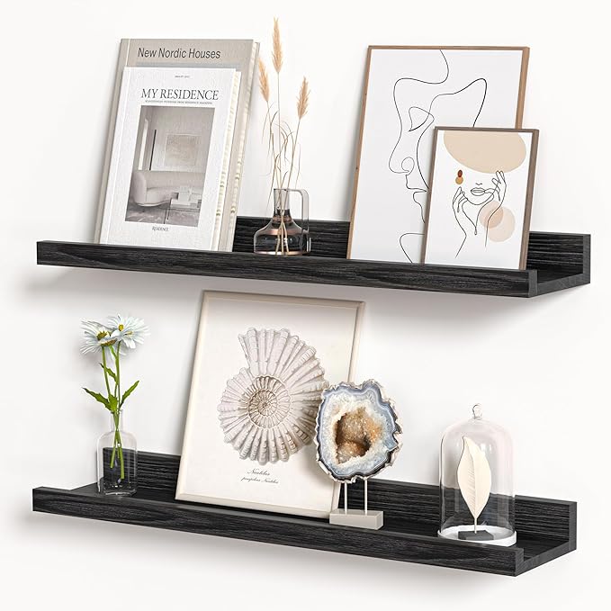 Floating Shelves for Wall, Picture Ledge Shelf 24 Inch Solid Wood Set of 2, Rustic Wall Shelves with Lip, Kids Bookshelf, Photo & Picture Live Edge Floating Shelves for Bedroom, Living Room, Kitchen-Ruum Studio Home