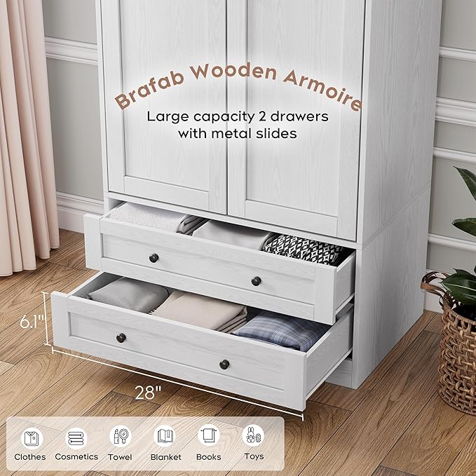 Brafab Armoire Wardrobe Closet with 2 Modern Doors, 71" Tall Freestanding Closet Wardrobe Cabinet with Drawers and Hanging Rail, Light Wooden Storage Cabinet with Shelve for Bedroom (White, 4 Doors)-Ruum Studio Home