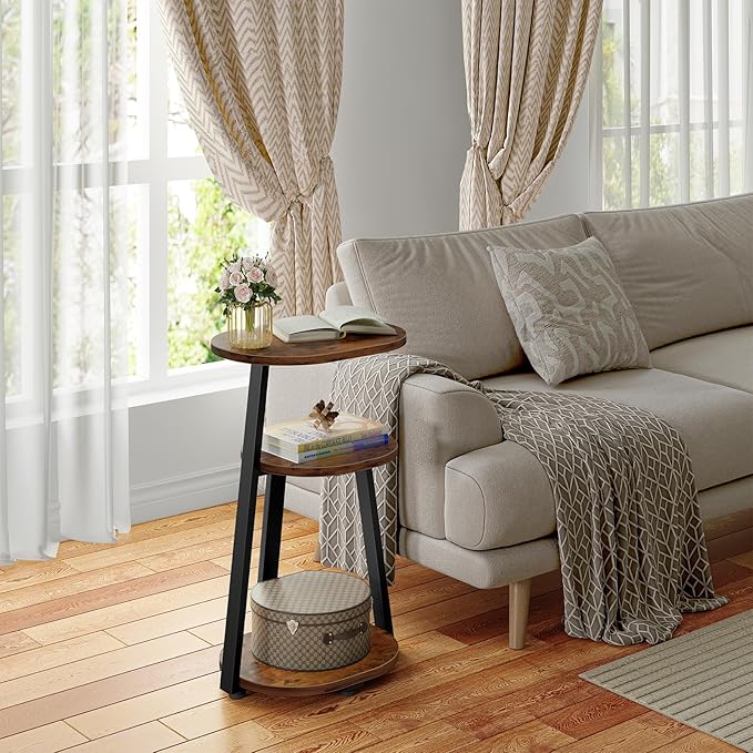 Side Table, Small End Table with Metal Frame, 3-Tier Bedside Tables, Round Side Tables for Living Room Bedroom Couch Bathroom, Oval, Vintage Brown-Ruum Studio Home