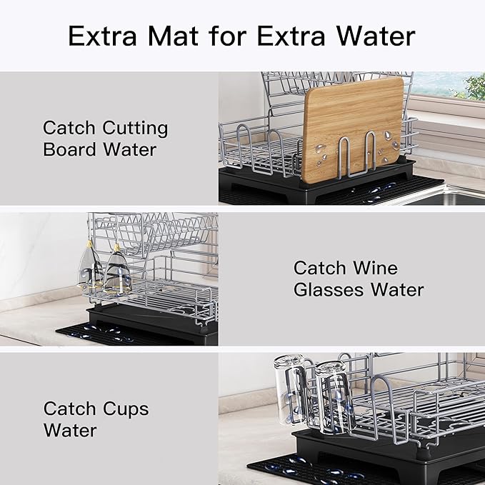 BOOSINY 2 Tier Grey Large Stainless Steel Dish Drainers Drying Rack for Kitchen Counter with Drainboard, Rust Proof Metal, Space Saving, Modern Aesthetic, Compact Plates Strainers with Extra Mat-Ruum Studio Home