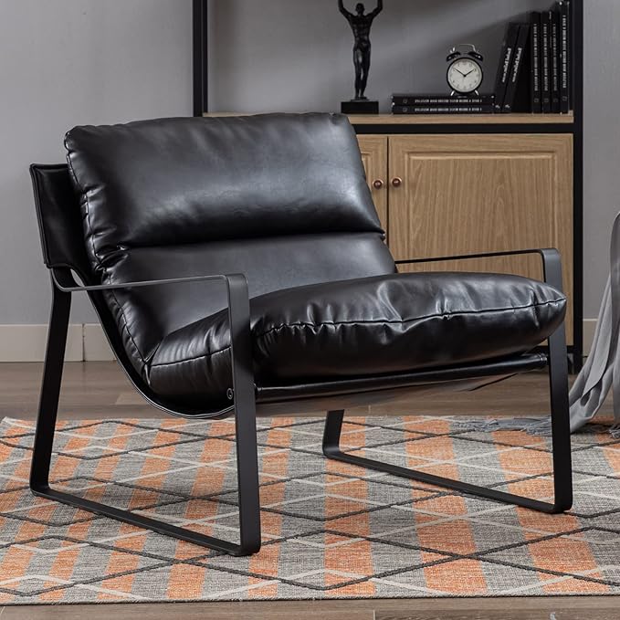 DUOMAY Mid-Century Accent Chair Armchair, Comfy PU Leather Leisure Chair Lazy Chair with Metal Leg for Living Room Bedroom Office Apartment, Black-Ruum Studio Home