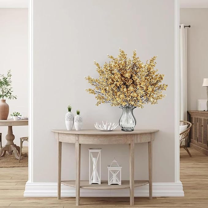 Sggvecsy 15 Pcs Babys Breath Artificial Flowers Gypsophila Bouquets Bulk Real Touch Fake Silk Flowers for Home Wedding DIY Floral Arrangement Kitchen Table Centerpiece Christmas Decoration (Gold)-Ruum Studio Home
