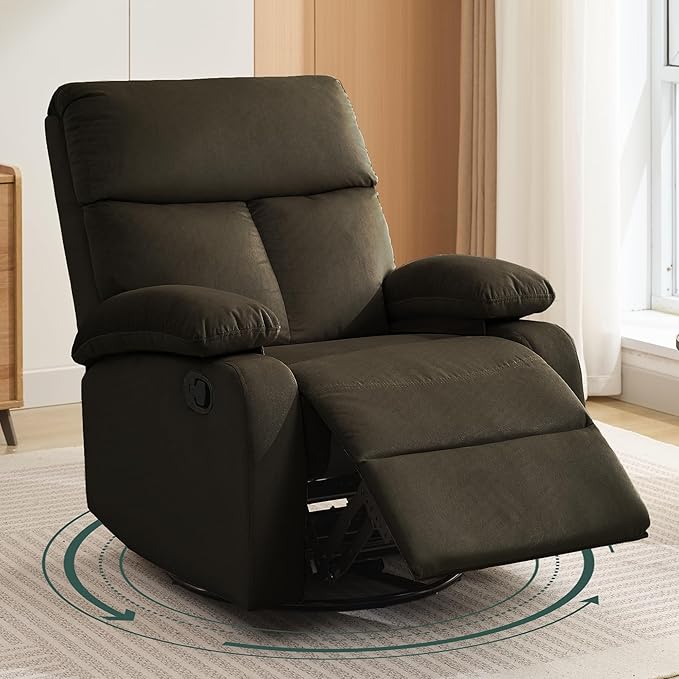 Swivel Rocker Recliner for Adults, Small Recliner Chair for Small Spaces, Rocking Recliner Chair for Nursery. Living Room, RV, Bedroom, Dark Brown-Ruum Studio Home
