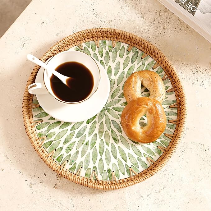 Round Rattan Tray with Mother of Pearl Inlay & Wooden Base - Decorative Wicker Serving Tray for Coffee/Bread/Fruits, Food Storage & Display - Multipurpose Home Decor (M,Green Leaves)-Ruum Studio Home