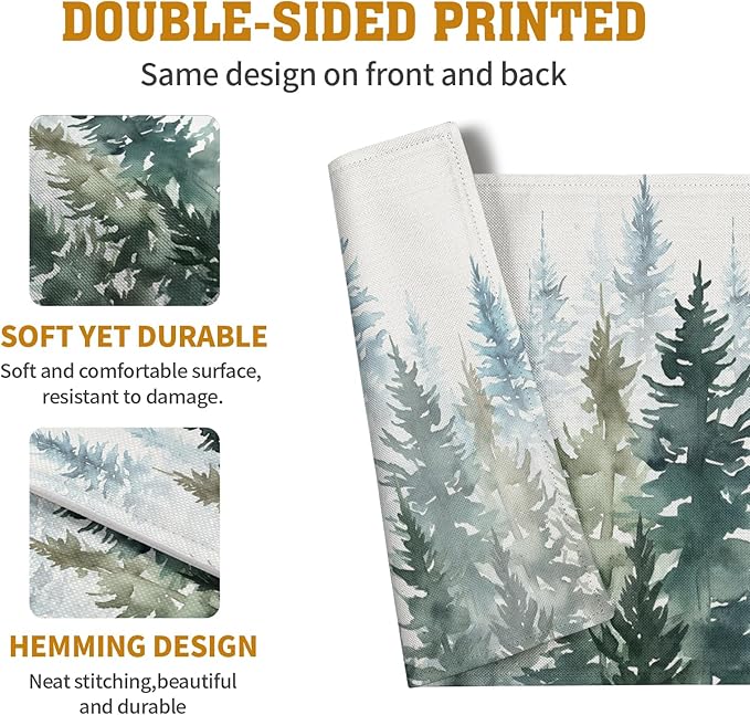 Watercolor Dark Green Tree Table Mats Set of 4 Rustic Nature Forest Pine Tree Placemats Seasonal Winter Holiday Place Mat Farmhouse Washable Linen Placemat for Dining Table Kitchen Christmas Decor-Ruum Studio Home
