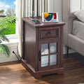 Farmhouse XXL End Table with Charging Station, Side Table with USB Ports and Outlets, Nightstand with Drawer and Glass Door Storage, Cherry Bedside Tables for Living Room, Bedroom, Office-Ruum Studio Home