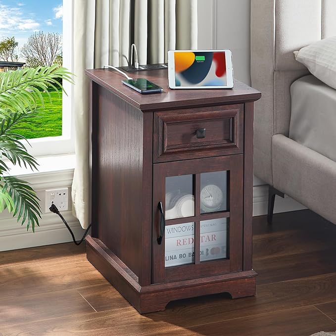 Farmhouse XXL End Table with Charging Station, Side Table with USB Ports and Outlets, Nightstand with Drawer and Glass Door Storage, Cherry Bedside Tables for Living Room, Bedroom, Office-Ruum Studio Home