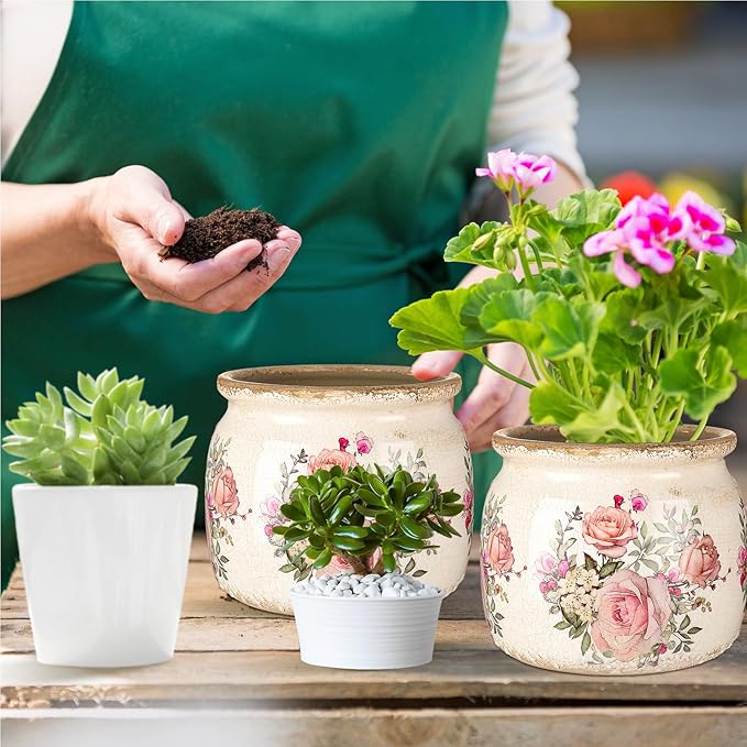 Vintage Planter Large Ceramic Plants Pot Beige Pink European Rose Ice Crack Cottage Scroll Vase Flower Vase Pot Indoor Plants Home Kitchen Decor Farmhouse Antique Decorative Gifts-Ruum Studio Home
