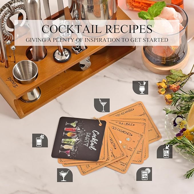 Bartender Kit Cocktail Shaker Set with Stand Bar Tool Bar Set for Drink Mixing Home Bartending Kit 17-Piece Bar Cart Accessories: Martini Shaker, Mixer Spoon, Jigger, Muddler, Strainer & Recipes Gifts-Ruum Studio Home