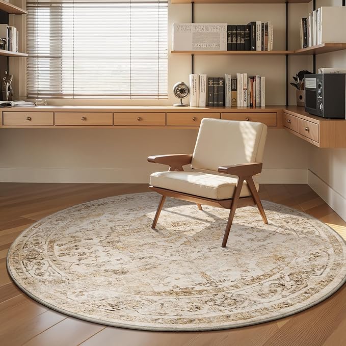 AMOAMI-6FT Round Rug-Rugs for Living Room-Vintage Soft Beige Rugs for Bedroom-Non Slip Circle Rug-Machine Washable Rug for Dining Room Living Room Bedroom Office Under Table-Ruum Studio Home