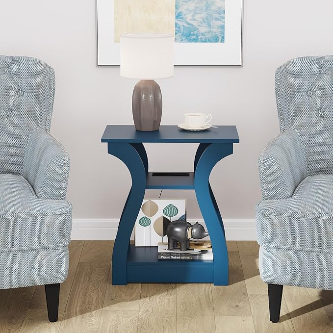 End Tables Living Room, End Table end Table with Charging Station and USB,Navy Blue Side Table, Nightstand for Bedroom,3 Tier End Table with Storage Shelf for Living Room-Ruum Studio Home