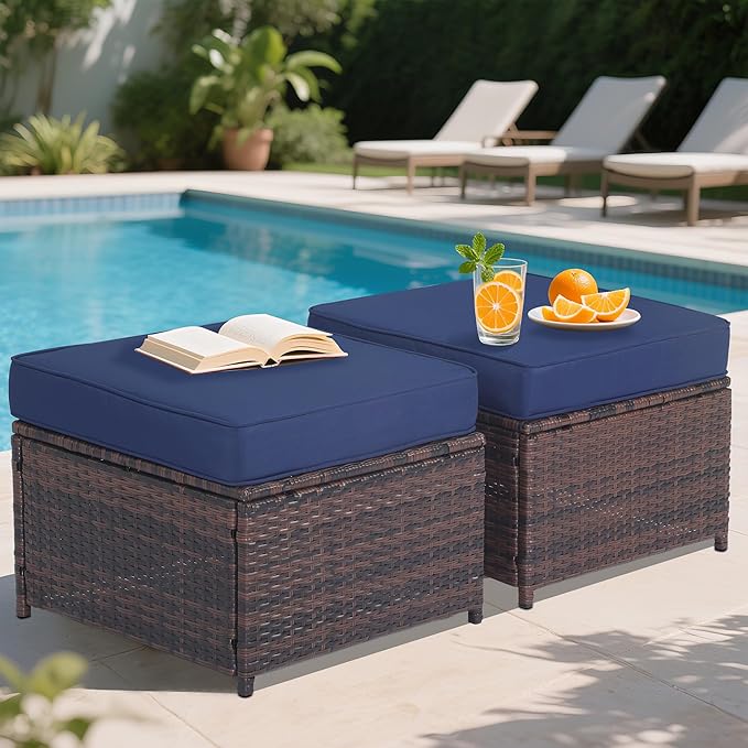 Outdoor Ottoman Rattan Footstool - Patio Ottomans with Removable Cushion, All-Weather PE Wicker & Steel Frame for Poolside, Garden Outdoor Furniture,23.6 x 21.7 x 17.8 inches, Brown-Ruum Studio Home