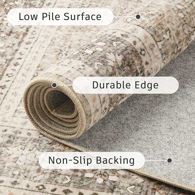 DCX Machine Washable Brown and Beige Area Rug 8x10, Non Slip Stain Resistant Vintage Rug for Living Room Diningroom Bedroom Nursery, Soft Low Pile Large Carpet-Ruum Studio Home