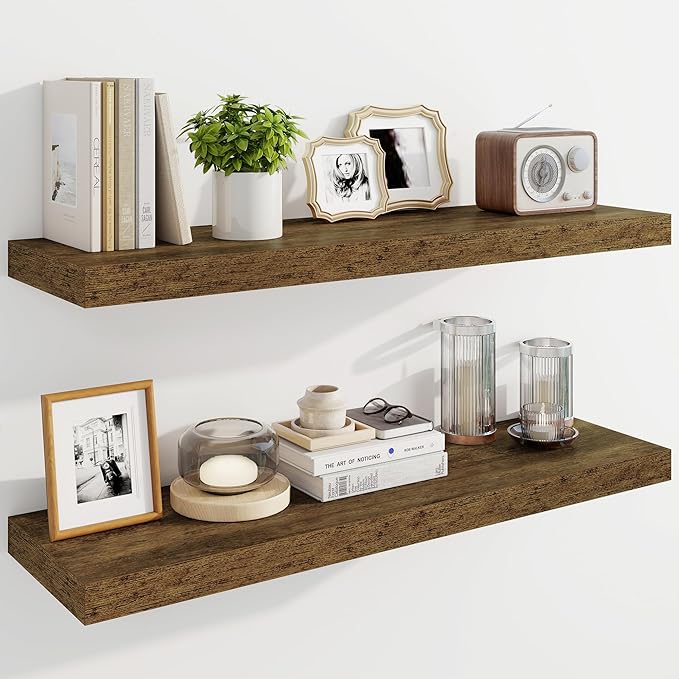 Marsmiles 36" Floating Shelves for Wall, Wooden Shelves with Invisible Brackets Set of 2, Rustic Farmhouse Wall Mounted Shelf for Kitchen Bathroom Living Room Study, Rustic Brown-Ruum Studio Home