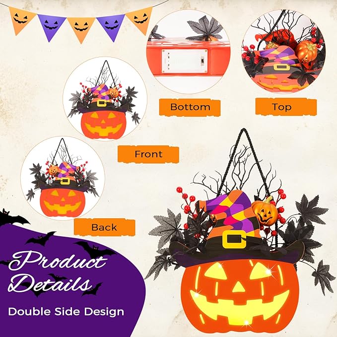 Halloween Pumpkin Decorations, Lighted Jack-O-Lantern with Maple Leaves Berries Witch's Hat, Halloween Wreaths Door Sign Wood Pumpkin for Front Door Indoor Outdoor Yard Party Cartoon Hanger Decor-Ruum Studio Home