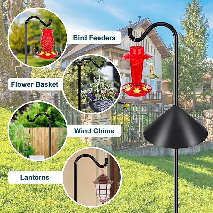 Gtongoko Bird Feeder Pole Squirrel Proof 92 Inch Shepherds Hook for Outdoor with Squirrel Baffles Adjustable Heavy Duty with 7 Prongs Base for Hanging Plants, Bird Feeders, Black-Ruum Studio Home