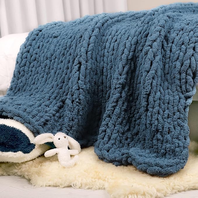 Carriediosa Chunky Knit Throw Blanket 50" X 60", 100% Hand Made Large Chenille Loop Yarn Soft Fluffy Throws for Couch Sofa Bed, Big Crochet Cozy Heavy Thick Cable Woven Blankets, Lyons Blue-Ruum Studio Home