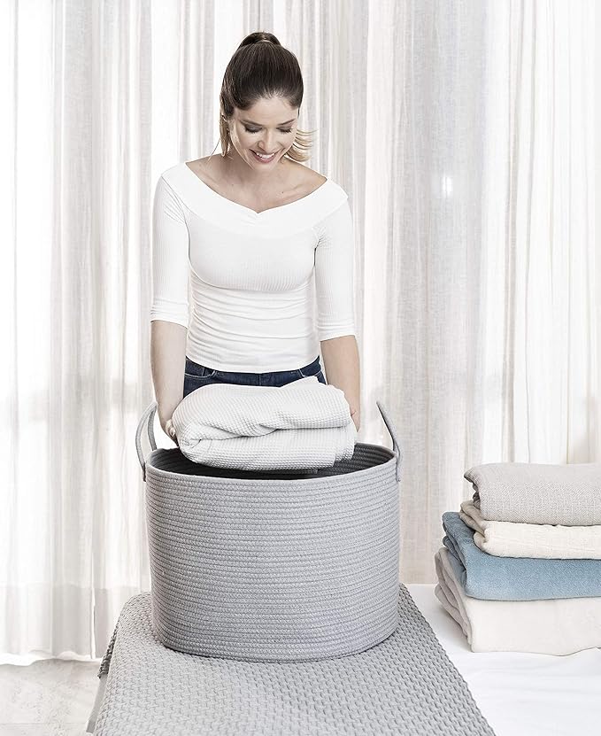 OrganiHaus Woven Laundry Basket, Large Cotton Rope Blanket Holder with Handles, Soft & Sturdy Nursery Hamper, Decorative Toy Bin for Living Room Organization 20x13 inches - Gray-Ruum Studio Home