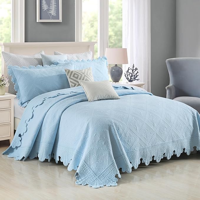 MarCielo 3-Piece 100% Cotton Oversized Bedspread Lightweight Quilt Coverlet Embroidery Farmhouse Bedding Set (TK Light Blue, Oversized King (118"x106"))-Ruum Studio Home