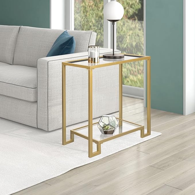 2 Tier Rectangular Side Table, Gold End Table with Glass Top, Modern Metal Clear Coffee Table，Small Accent Table for Living Room, Bedroom, 22" x 12.4" x 24"-Ruum Studio Home