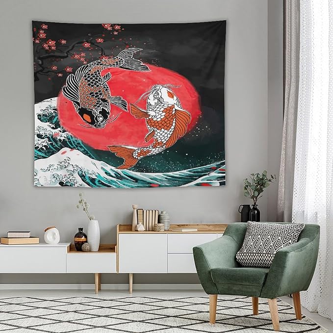 Houselerax Koi Fish Tapestries,Japanese Style Yin Yang Big Wave Cherry Blossoms Tapestry Wall Hanging for Bedroom Living Room Office Decor 60"x50"-Ruum Studio Home
