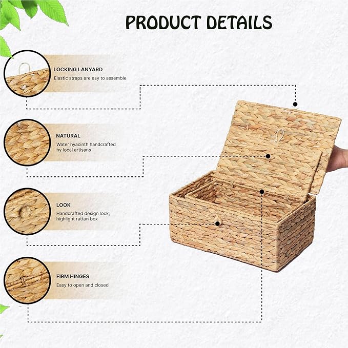 Set of 2 Rectangular Wicker Storage Bins with Lid, Rattan Basket Decorative Boxes, Multipurpose Organizer Display Boxes for Shelf Organizer, Boho Rattan Box for Home Decoration-Ruum Studio Home